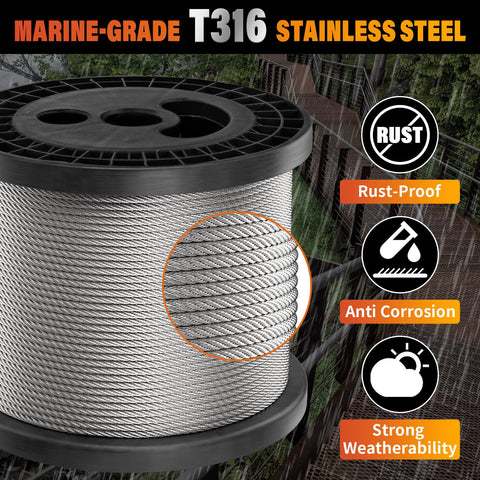 CELYND T316 marine-grade wire rope demonstrating rust resistance for outdoor setups.