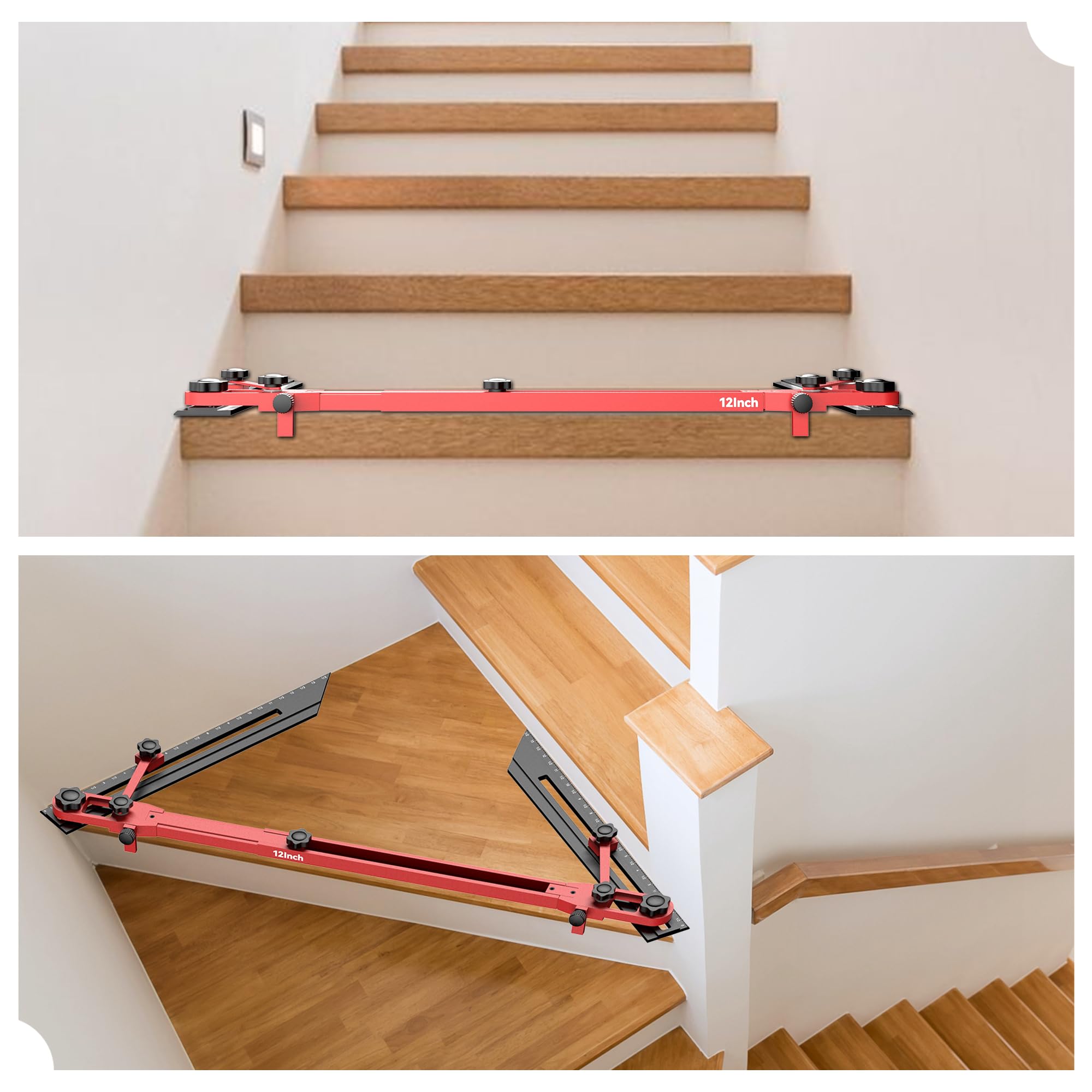 CenfeiTooL stair jig in use demonstrating adjustable length for varied stairs.
