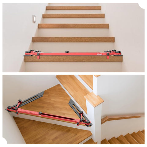 CenfeiTooL stair jig in use demonstrating adjustable length for varied stairs.
