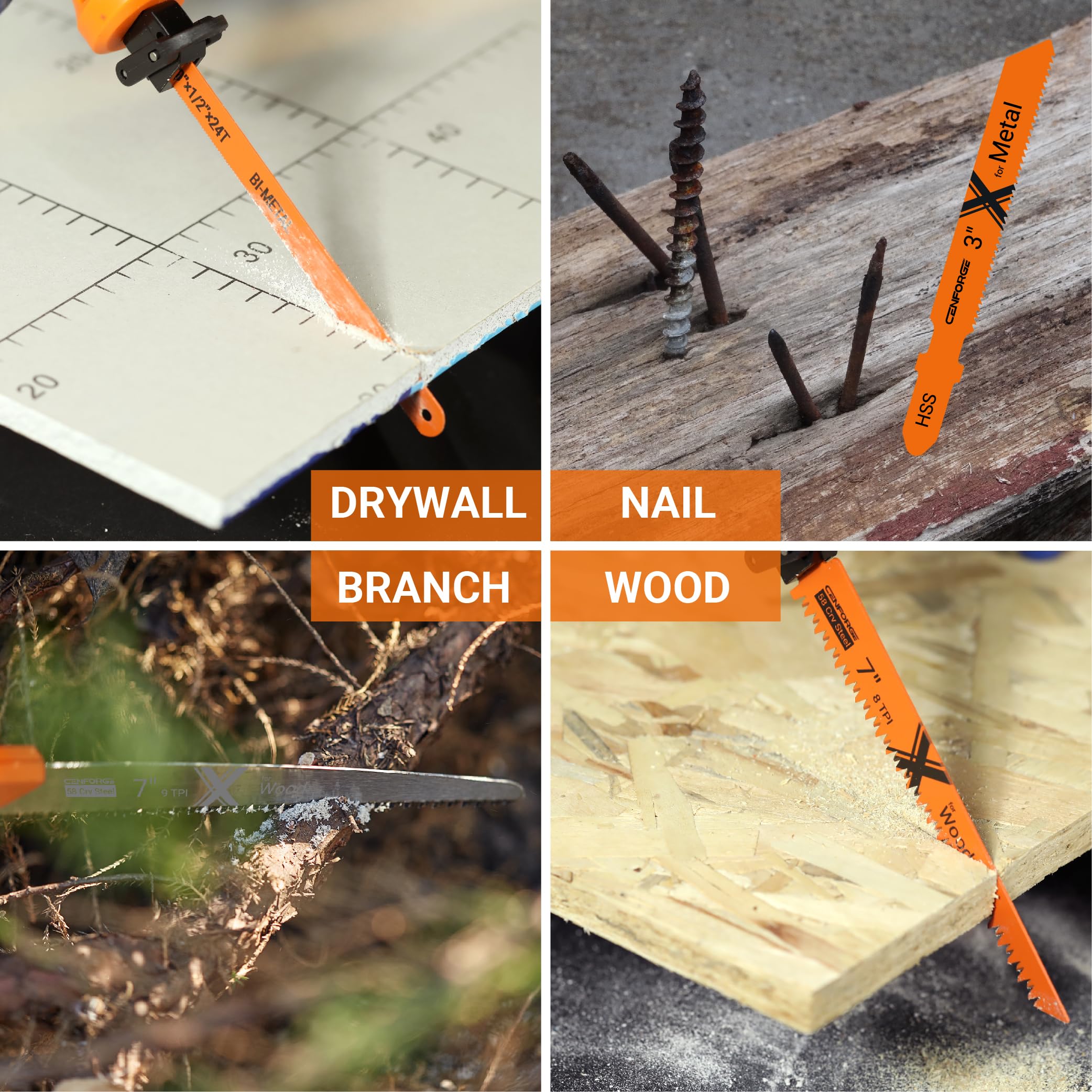 CENFORGE blades cover wood, metal, drywall, and pruning tasks.