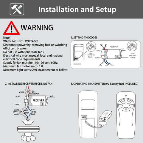 9V battery powered remote for simple installation and operation.