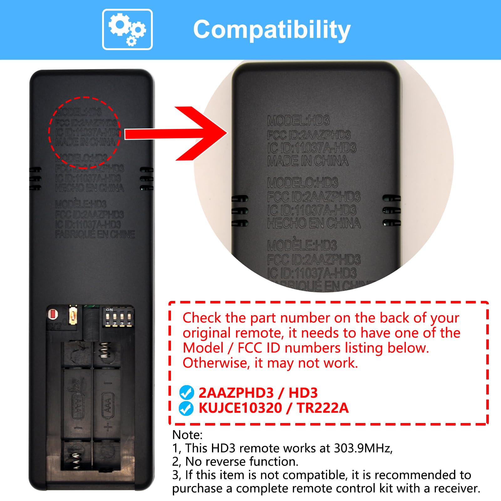 CENMING HD3 remote back view showing compatibility codes and battery cover.