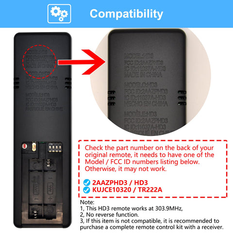 CENMING HD3 remote back view showing compatibility codes and battery cover.