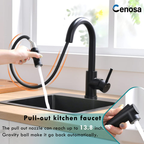 Cenosa bar sink faucet matte black finish adds modern style and corrosion resistance.