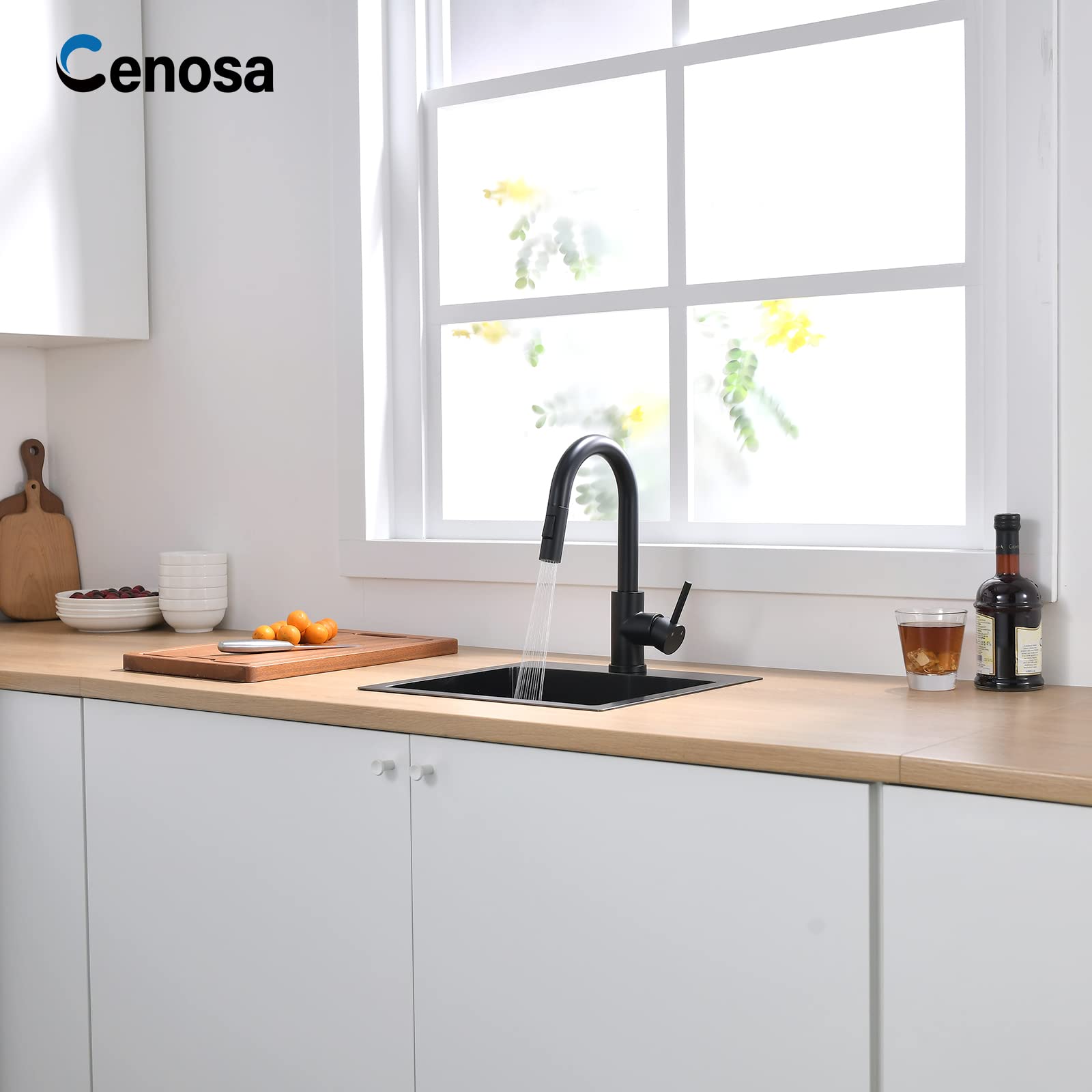 Cenosa 360-degree swivel and 13.8-inch pull-down hose improve reach.