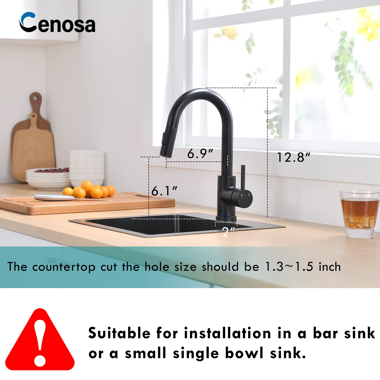 Cenosa modern bar sink faucet pull-down sprayer in action for easy rinsing.