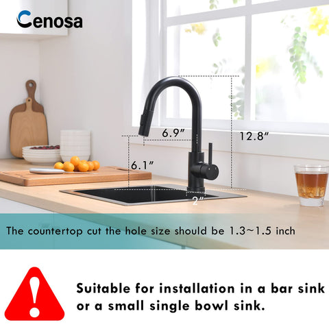 Cenosa modern bar sink faucet pull-down sprayer in action for easy rinsing.
