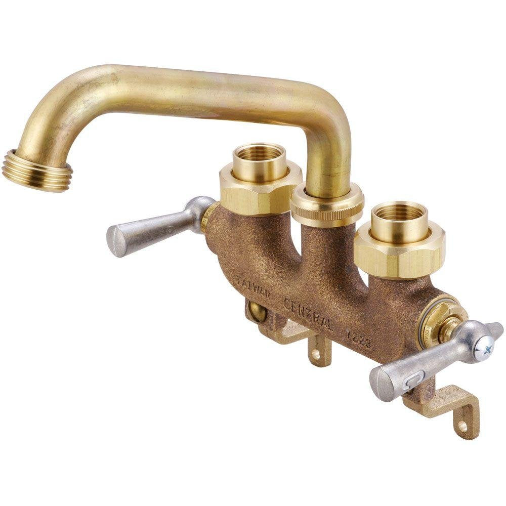 Central Brass 470 two-handle laundry faucet, wall-mounted with long reach for easier cleaning.