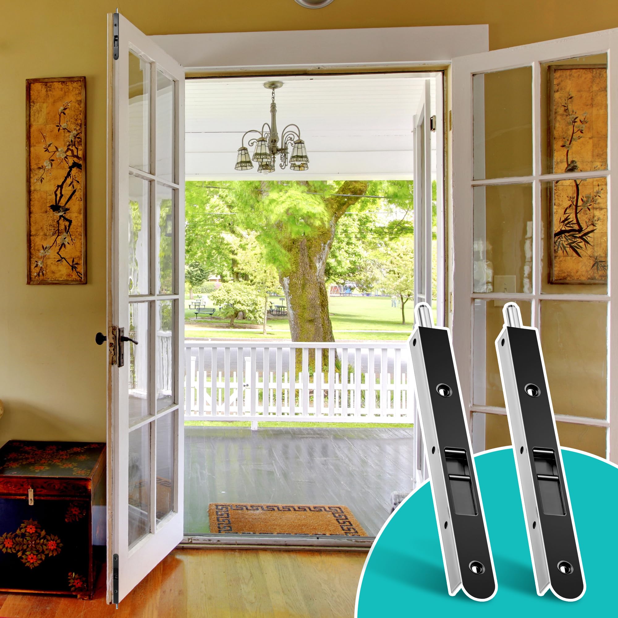 Ceoighe brushed black finish double-door hardware enhances contemporary style and security.