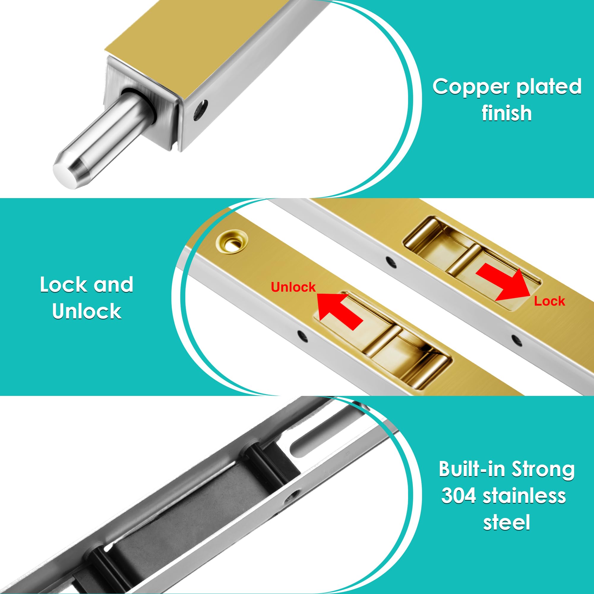 Close-up of copper-plated finish on Ceoighe flush bolt for elegant hardware