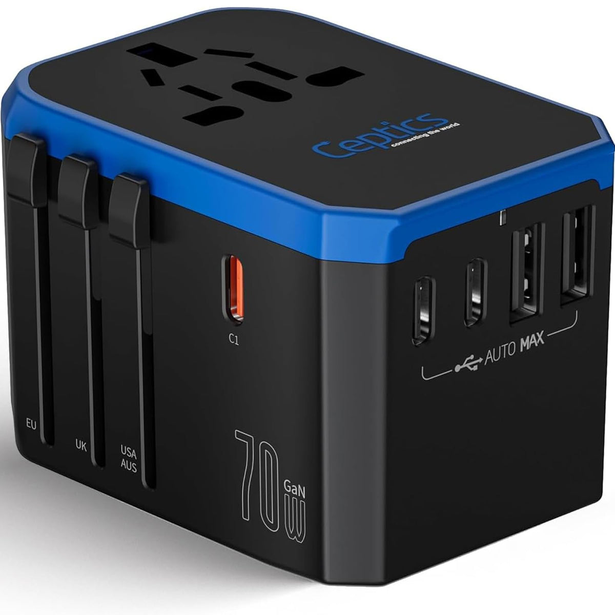 Ceptics 70W world travel adapter front view showing compact design for easy packing