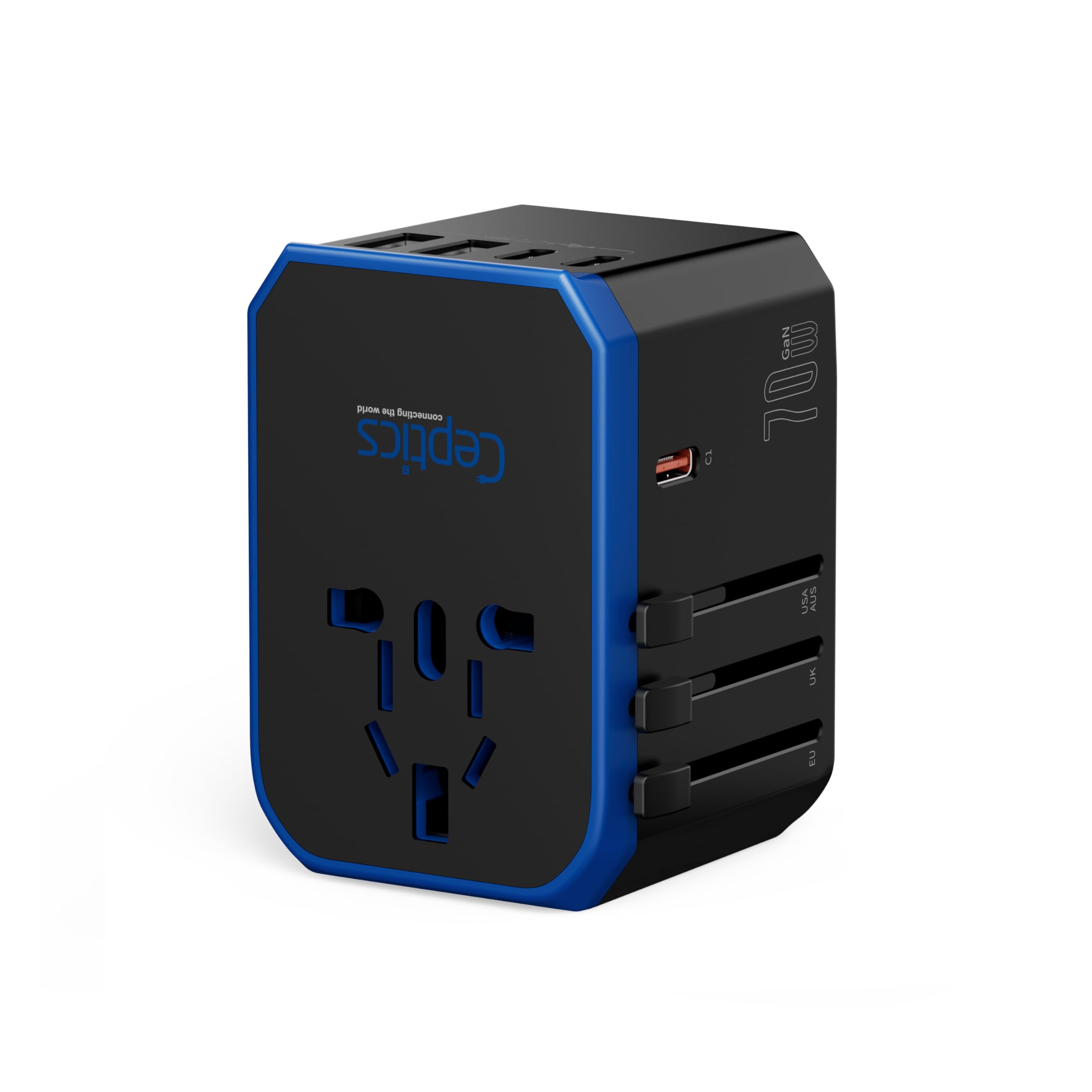 Ceptics 70W travel adapter packaging and labeling for travelers