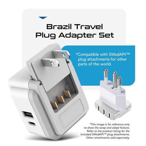 Built-in voltage indicator visible on Ceptics Brazil adapter for quick checks.