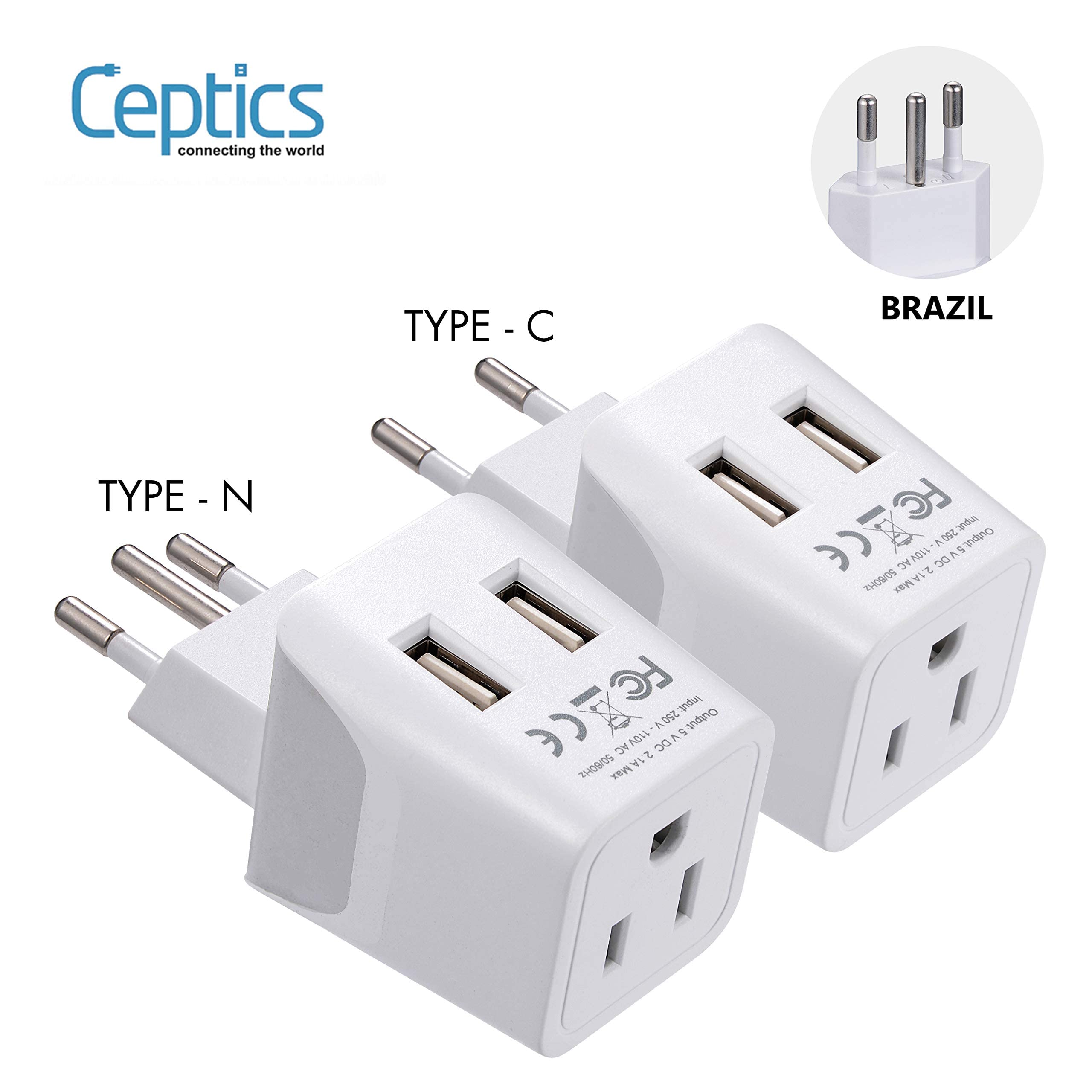 Ceptics Brazil travel plug set dual USB ports for charging multiple devices.