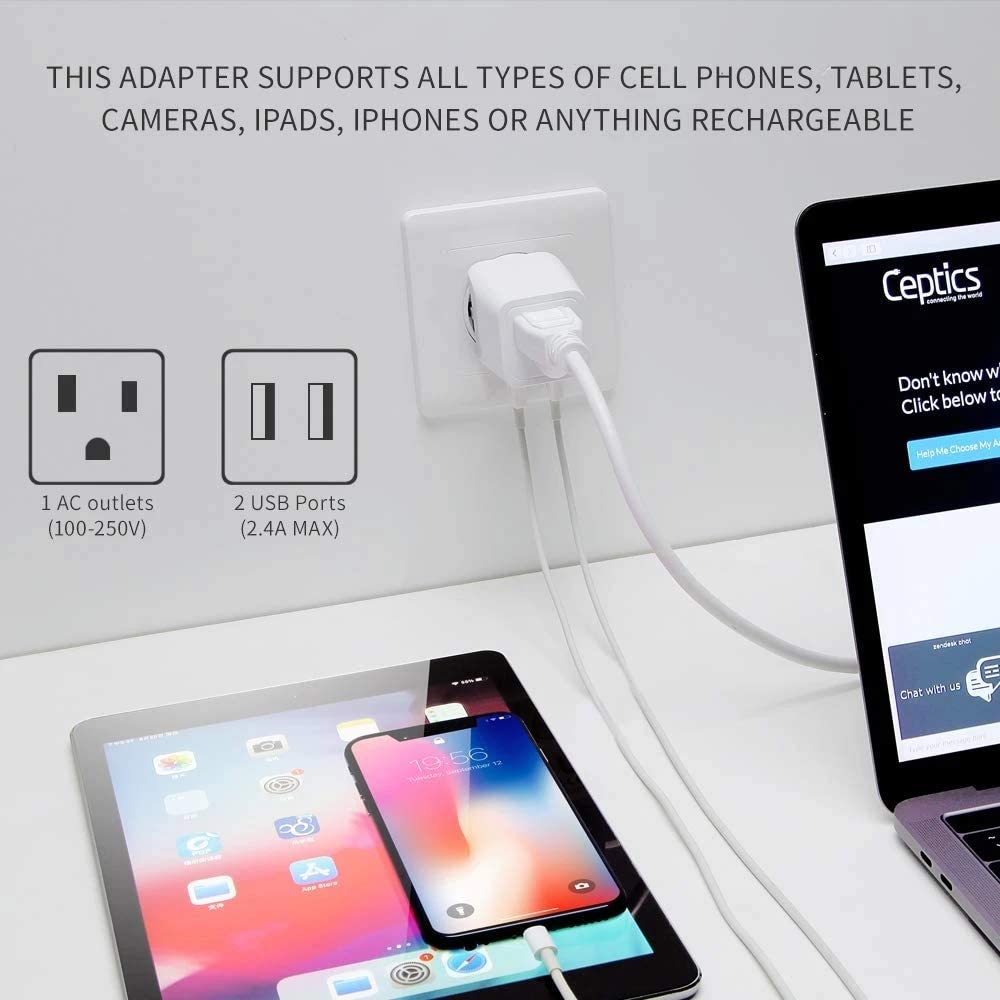 Ceptics Brazil travel plug set compatible with cell chargers, laptops, and cameras.