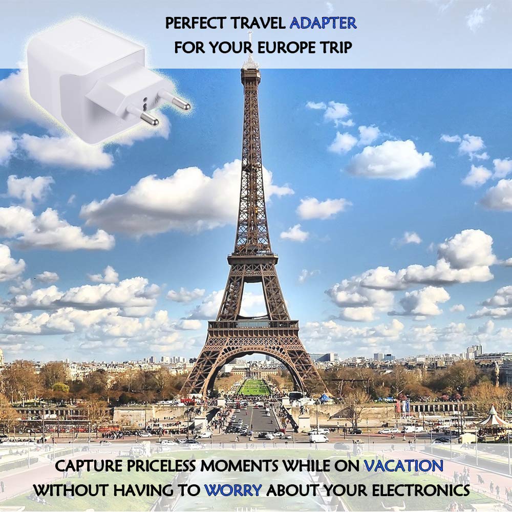 Compact, lightweight Ceptics adapter for Europe and Egypt with USB-C and USB-A ports.