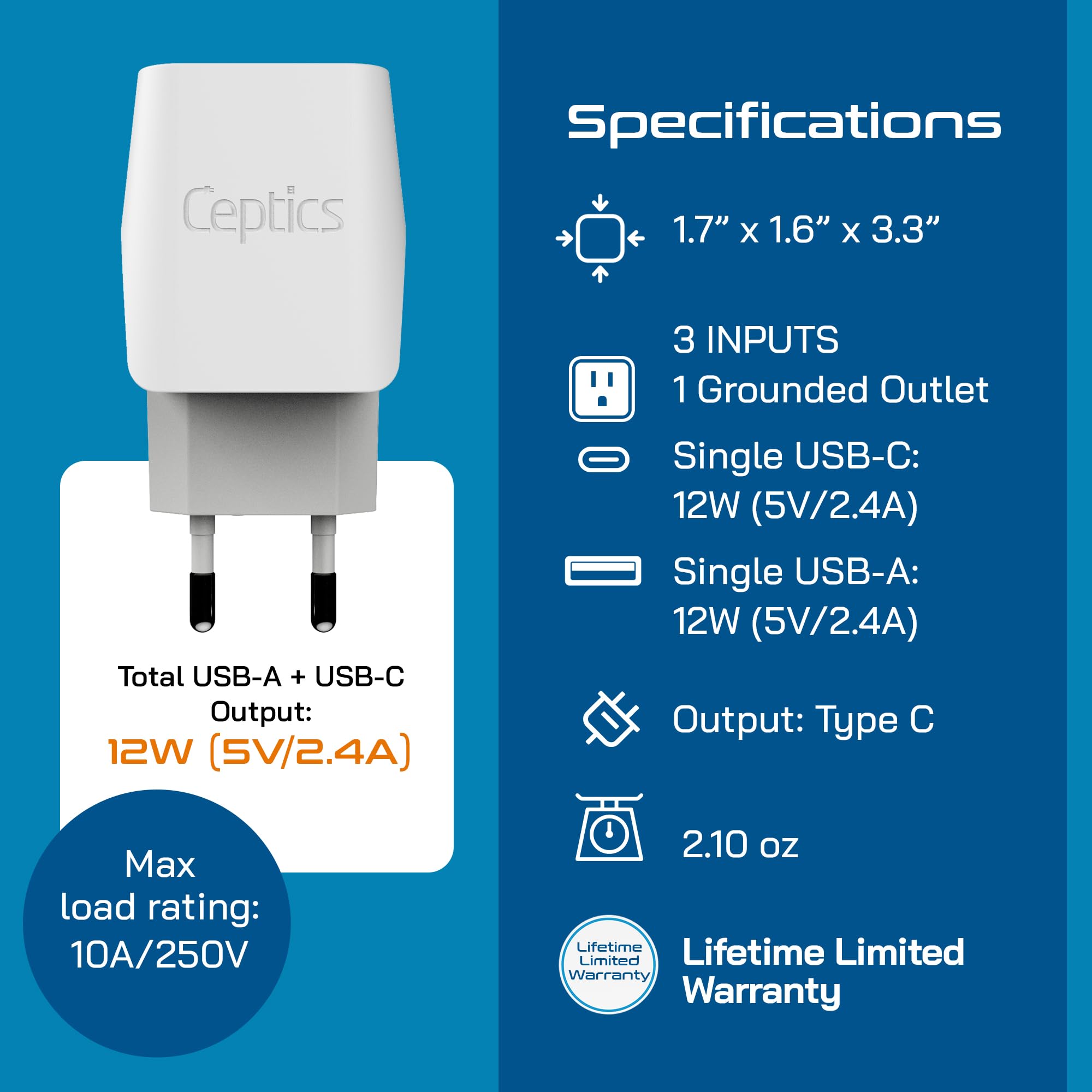 Ceptics CTU-9-9C-PK dual voltage support covers 100–240V devices