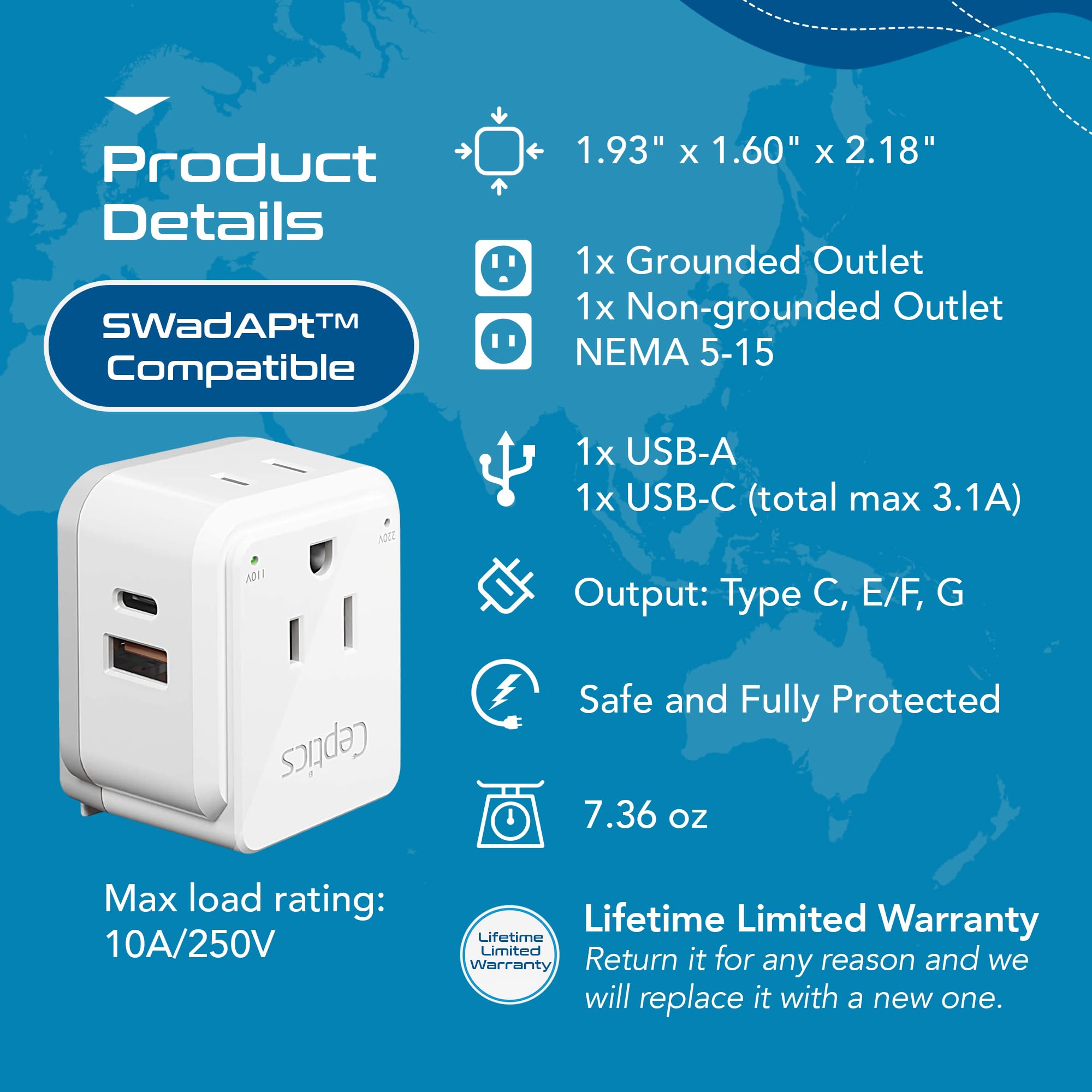 Ceptics Type C/E/F/G compatibility shown on European outlets.