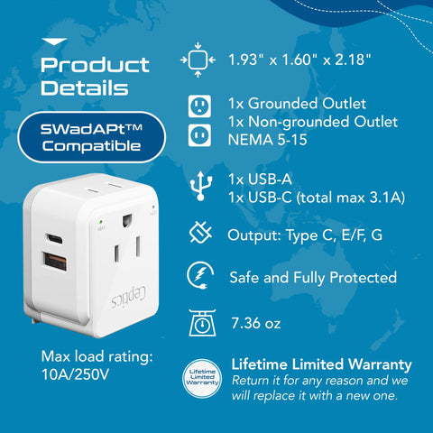 Ceptics Type C/E/F/G compatibility shown on European outlets.