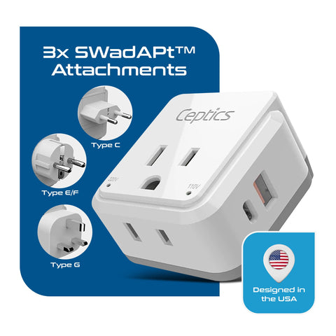 Ceptics adapter ports with USB and multiple plug types for versatile charging.