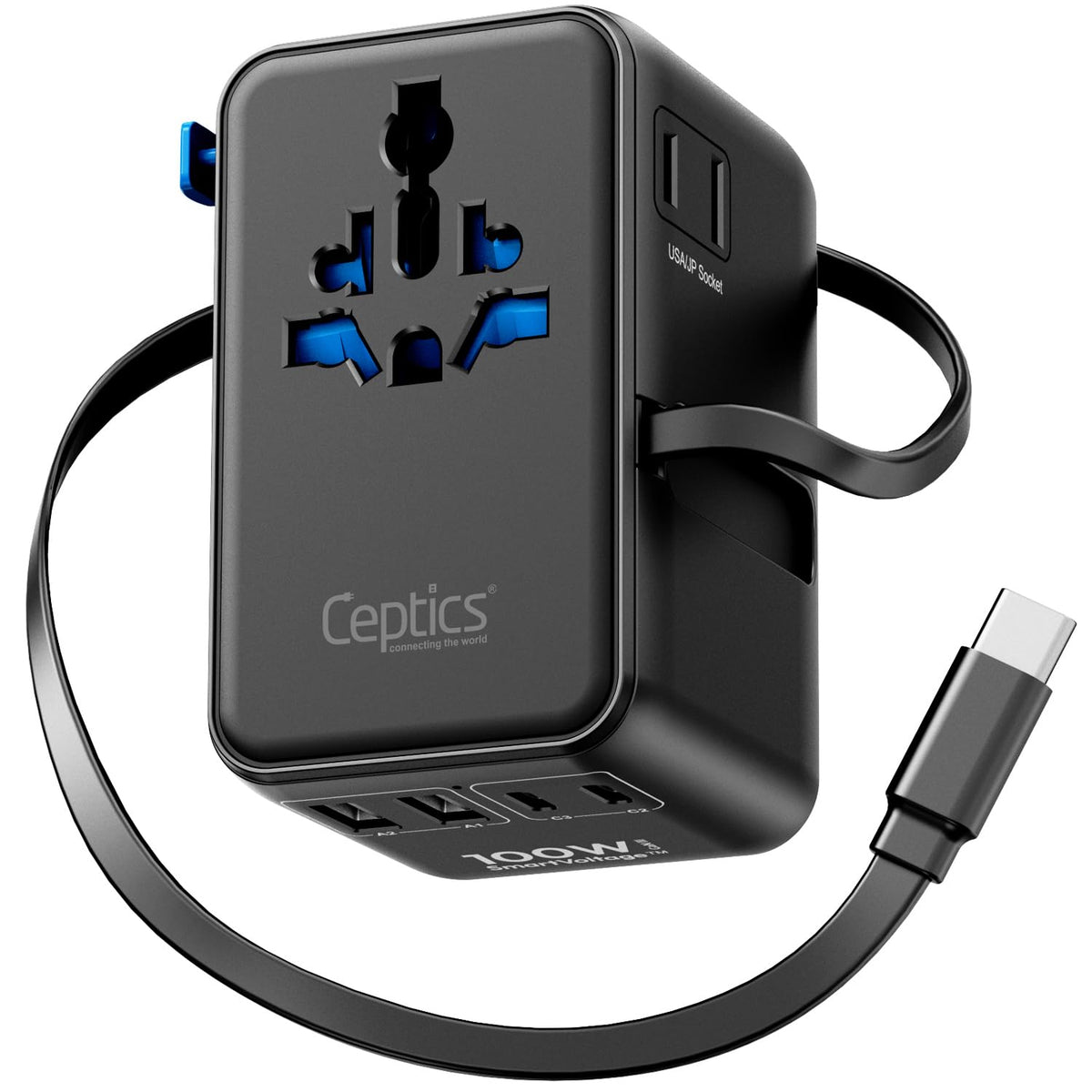 Ceptics GAN 100W travel adapter shown in compact form for global charging
