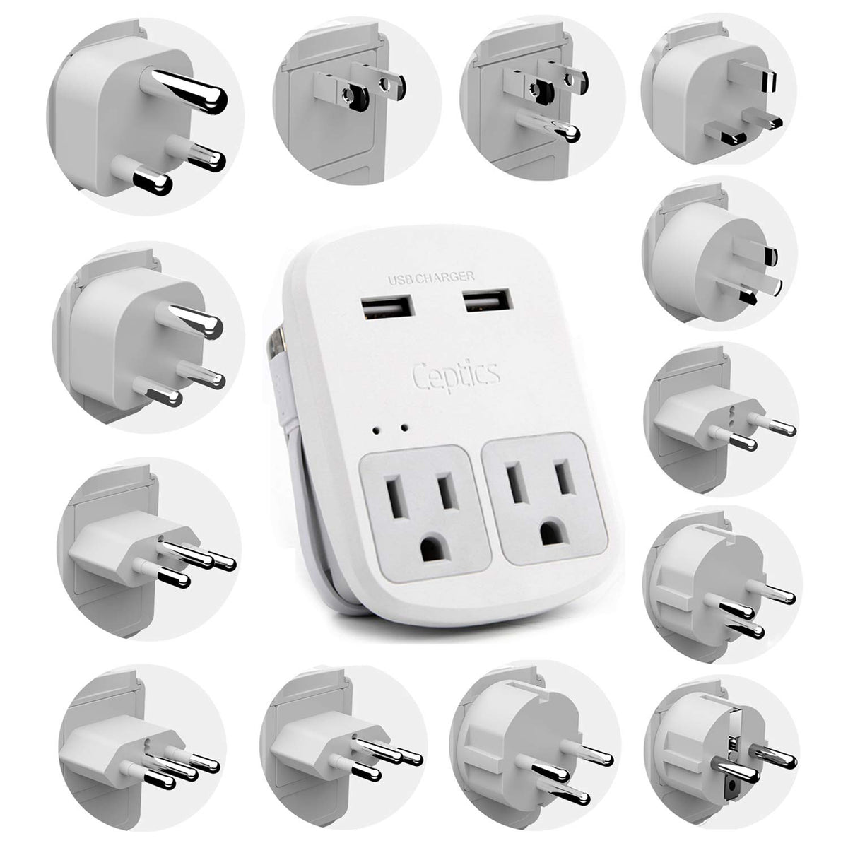 Ceptics international plug adapter kit front view for global travel readiness.