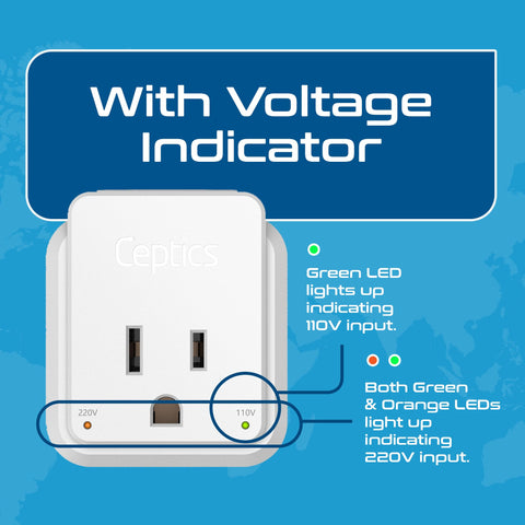 Ceptics voltage-check feature supports safe use with mixed outlet voltages.