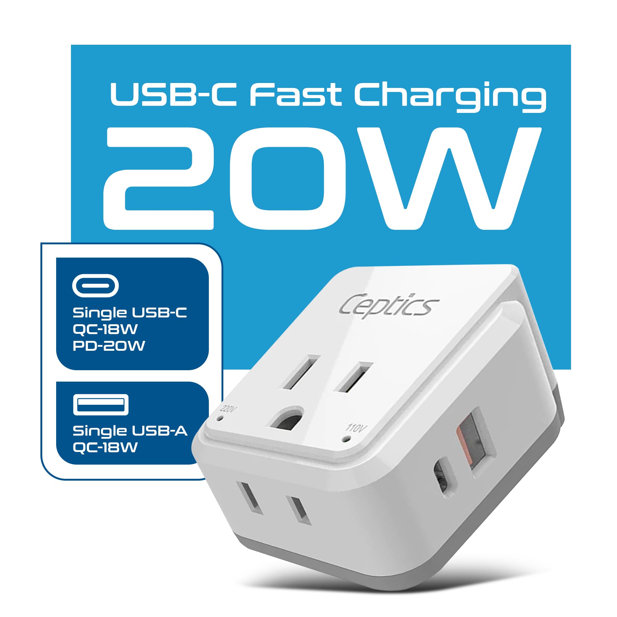 Ceptics adapter shows two USA outlets for simultaneous charging