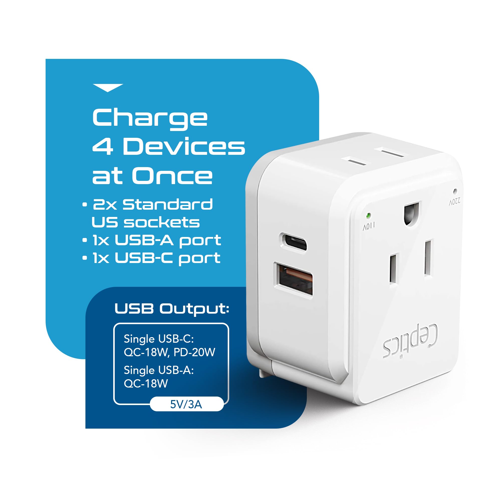 Ceptics two USA outlets enabling simultaneous device power during travel.