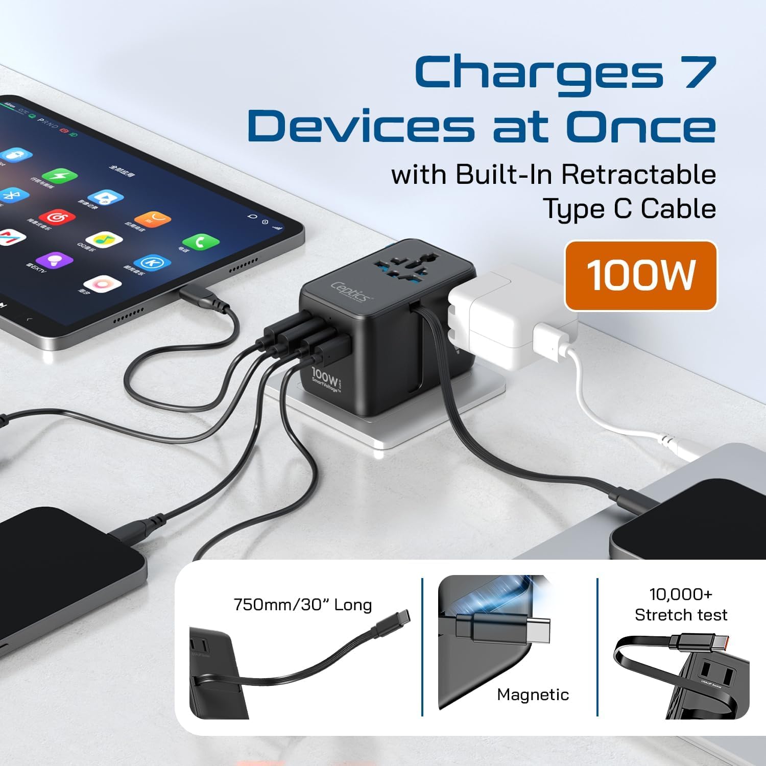 Ceptics universal outlet supports Type A, C, G, I worldwide compatibility