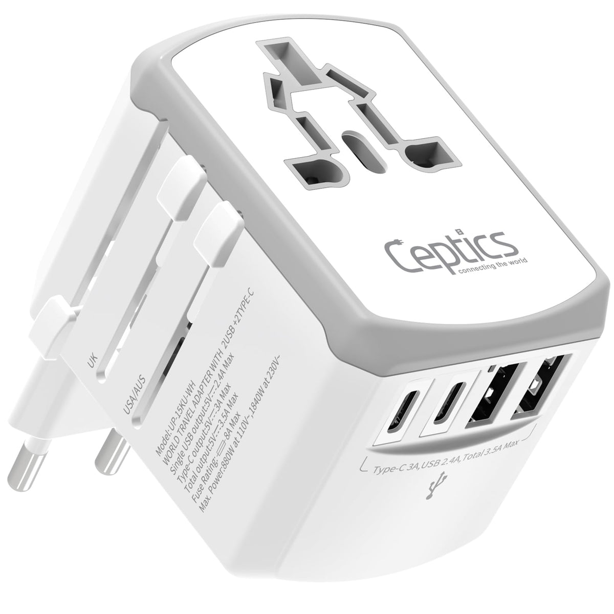 Ceptics universal travel adapter front view showing compact design for easy packing