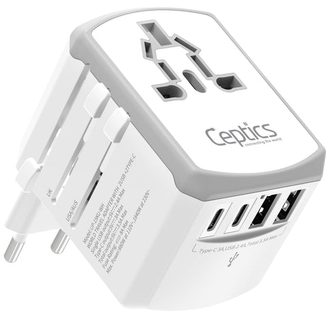 Ceptics universal travel adapter front view showing compact design for easy packing