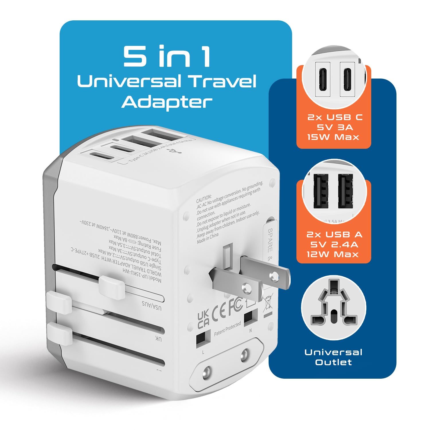 Ceptics universal travel adapter side ports for versatile charging on the go