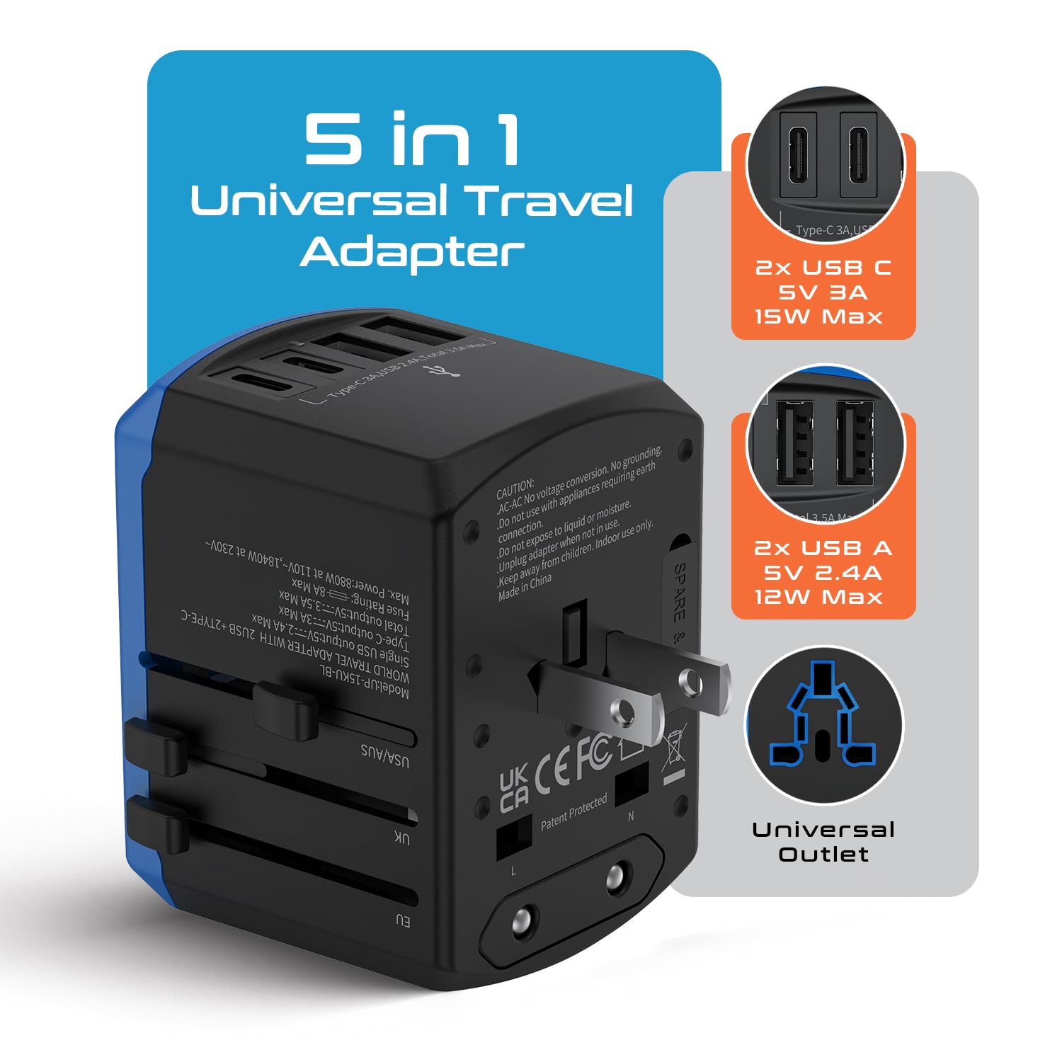 Ceptics adapter side view showing universal outlet and plug types