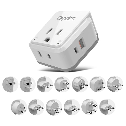 Ceptics worldwide travel adapter in compact form for easy packing and universal compatibility.