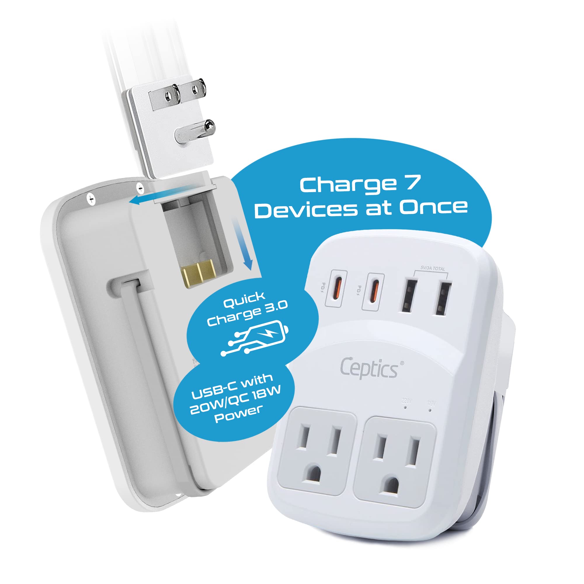 Ceptics WPS-5B USB-C PD ports charging laptops and phones quickly