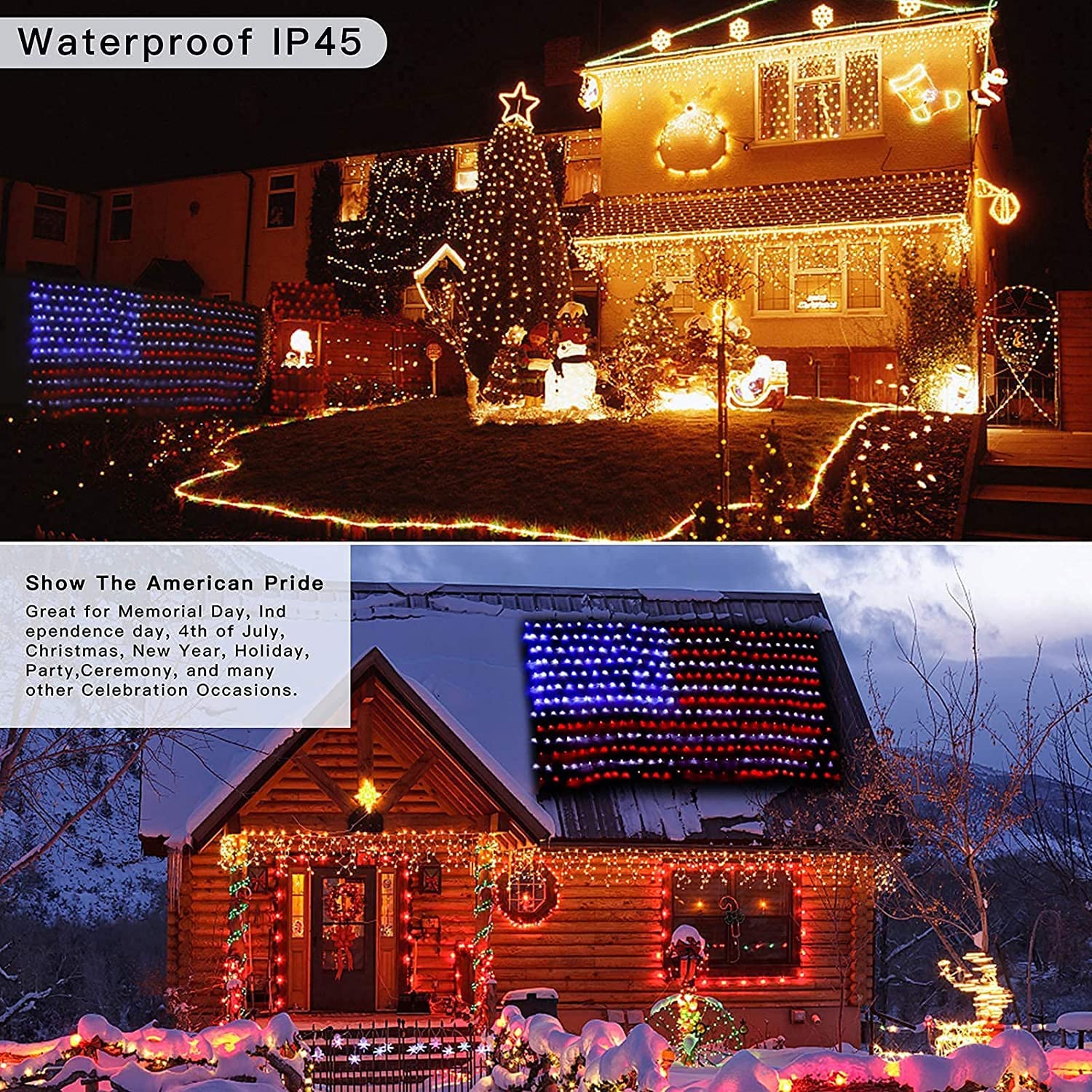 Cerflyer flag lights glow on porch or garden display.