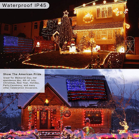 Cerflyer flag lights glow on porch or garden display.