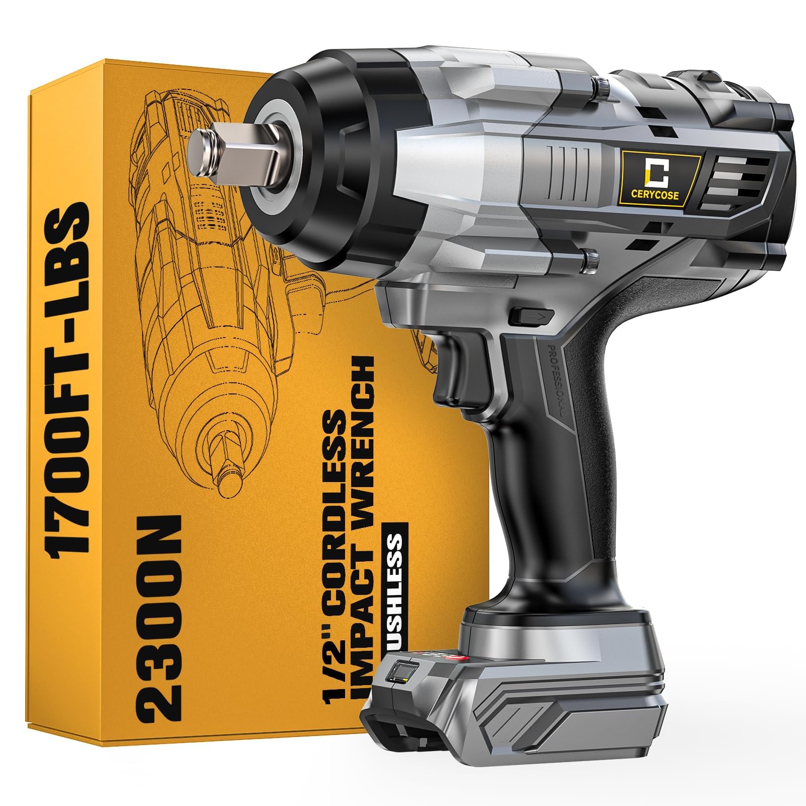 Cerycose cordless impact wrench 1/2-inch bare tool showing high torque capability for heavy fasteners
