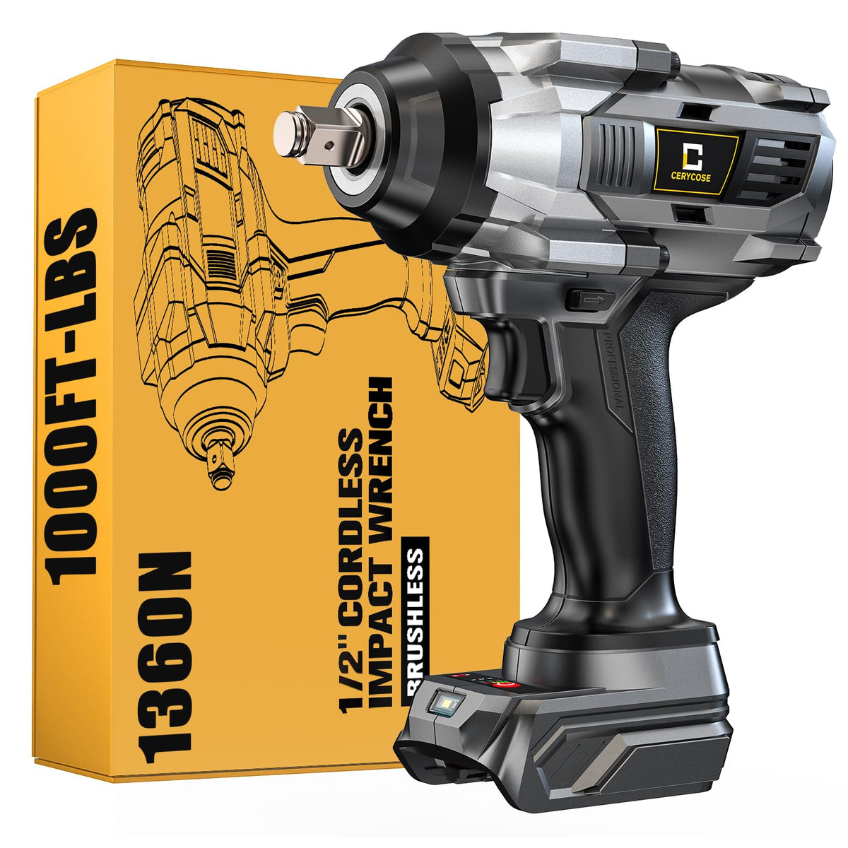 Cerycose cordless impact wrench with half-inch drive for quick fastener work.
