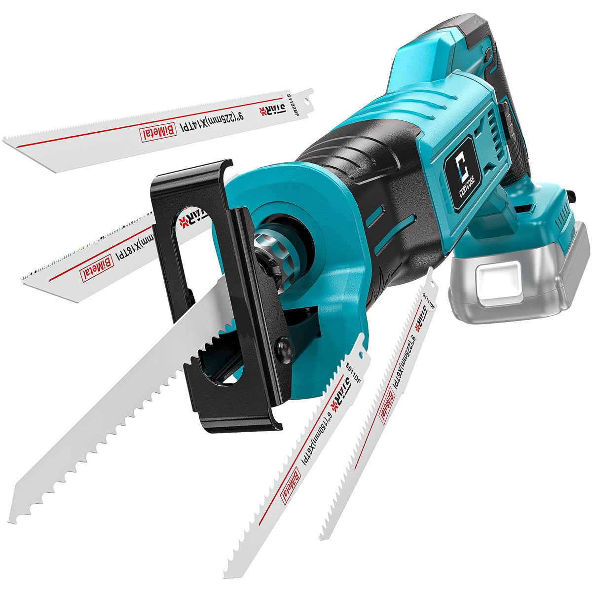 Cerycose cordless reciprocating saw battery compatibility for Makita 18V, enabling flexible on-site cuts.