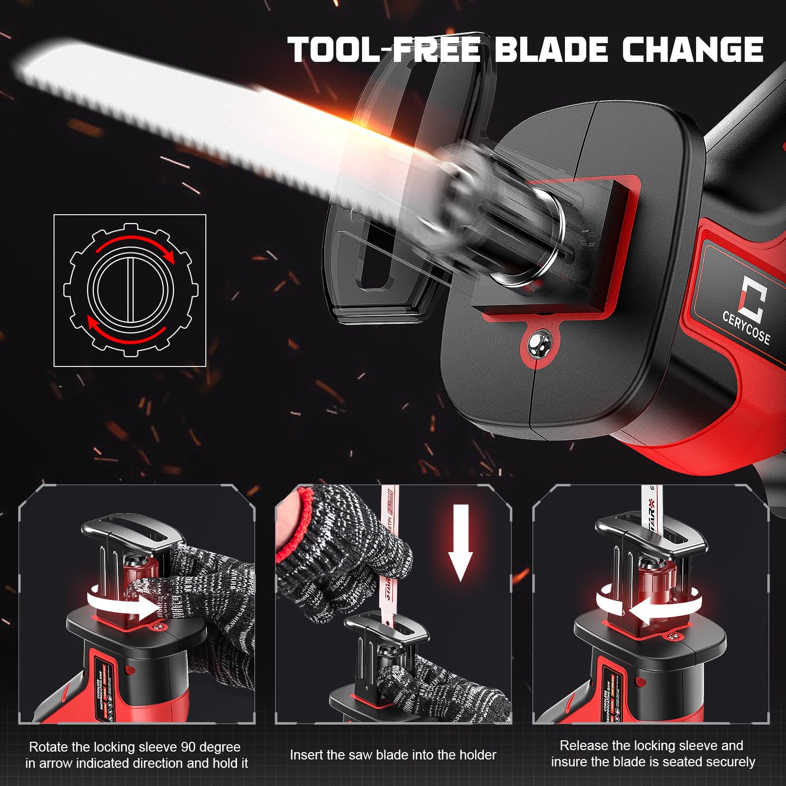 Cerycose built-in LED work light for precise cuts in dim spaces