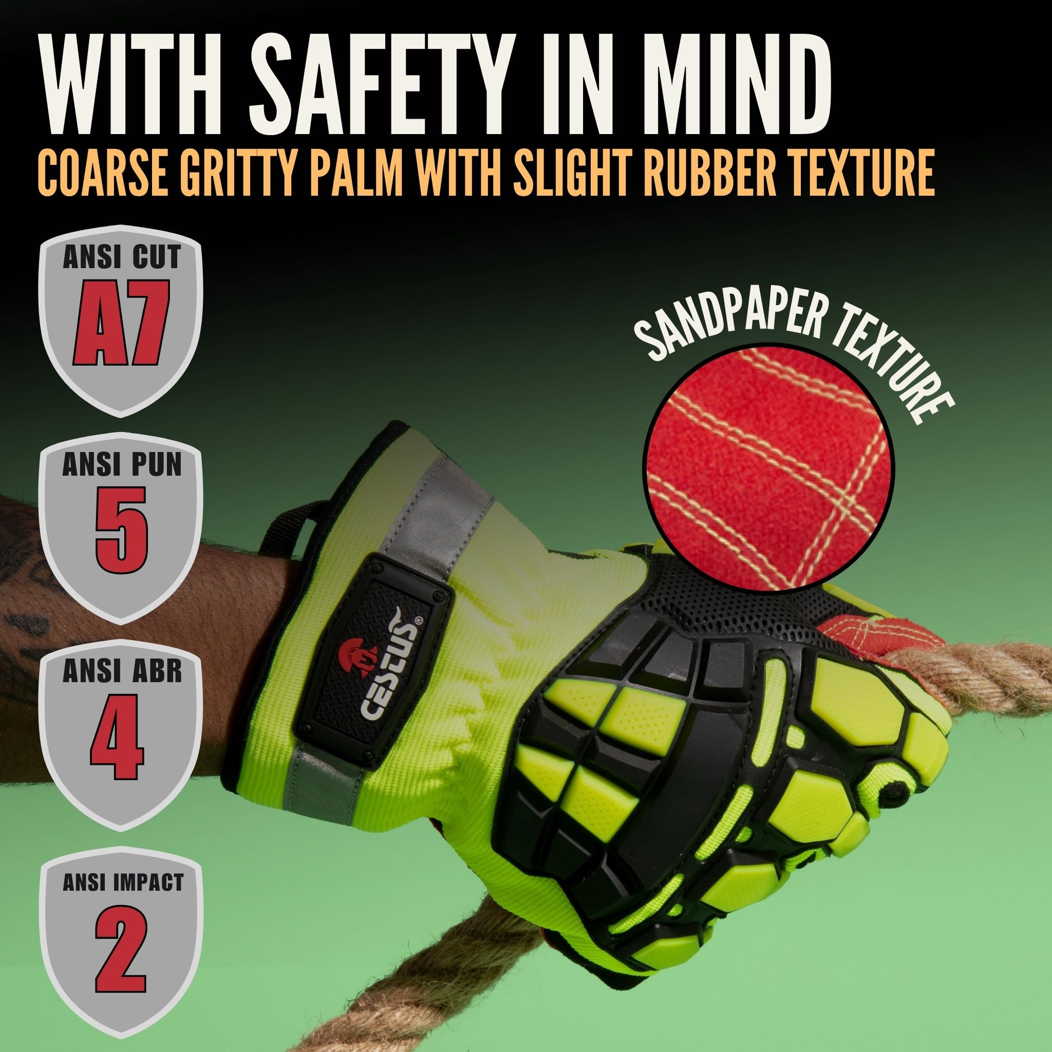 Cestus 3207 hi-vis green gloves on a construction site