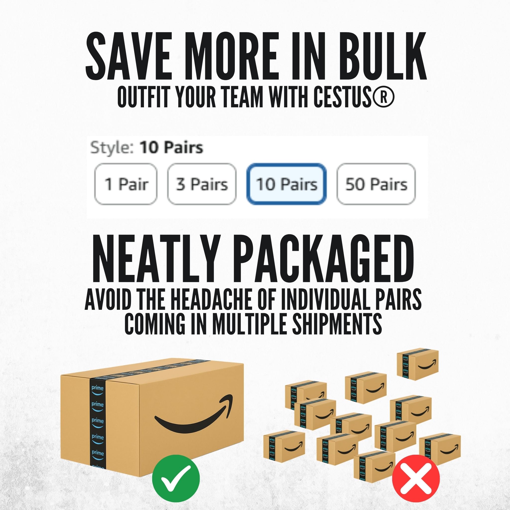 Cestus 5207 bulk-pack option showing 1, 3, 10, and 50 pair choices.