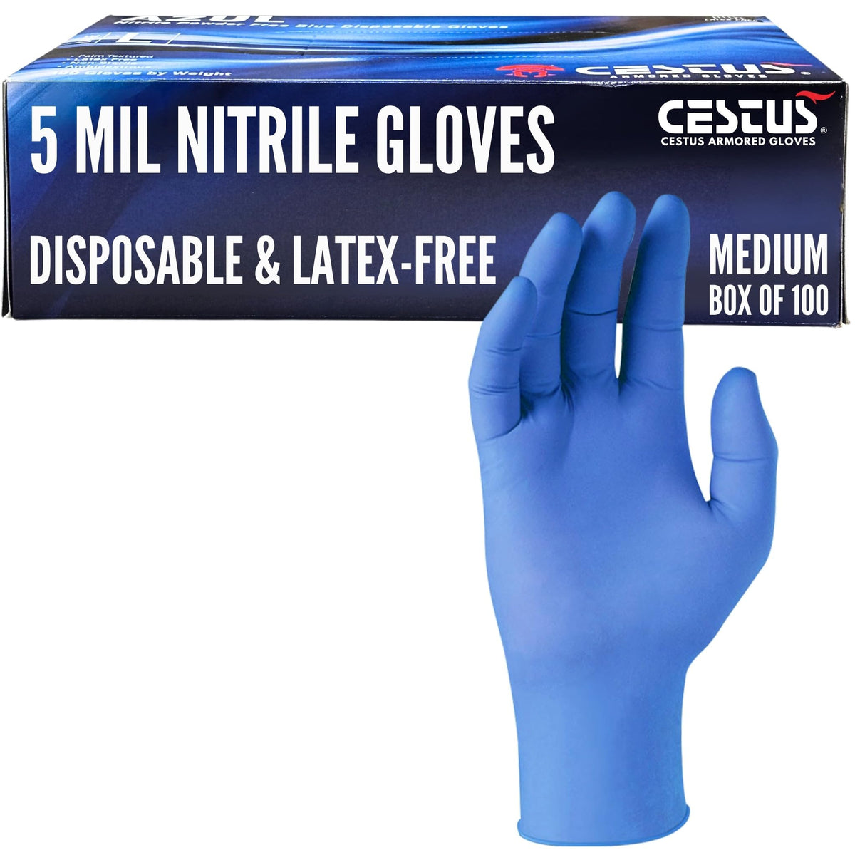 Front view of Cestus Azul 5mil nitrile gloves box, durable for heavy tasks.