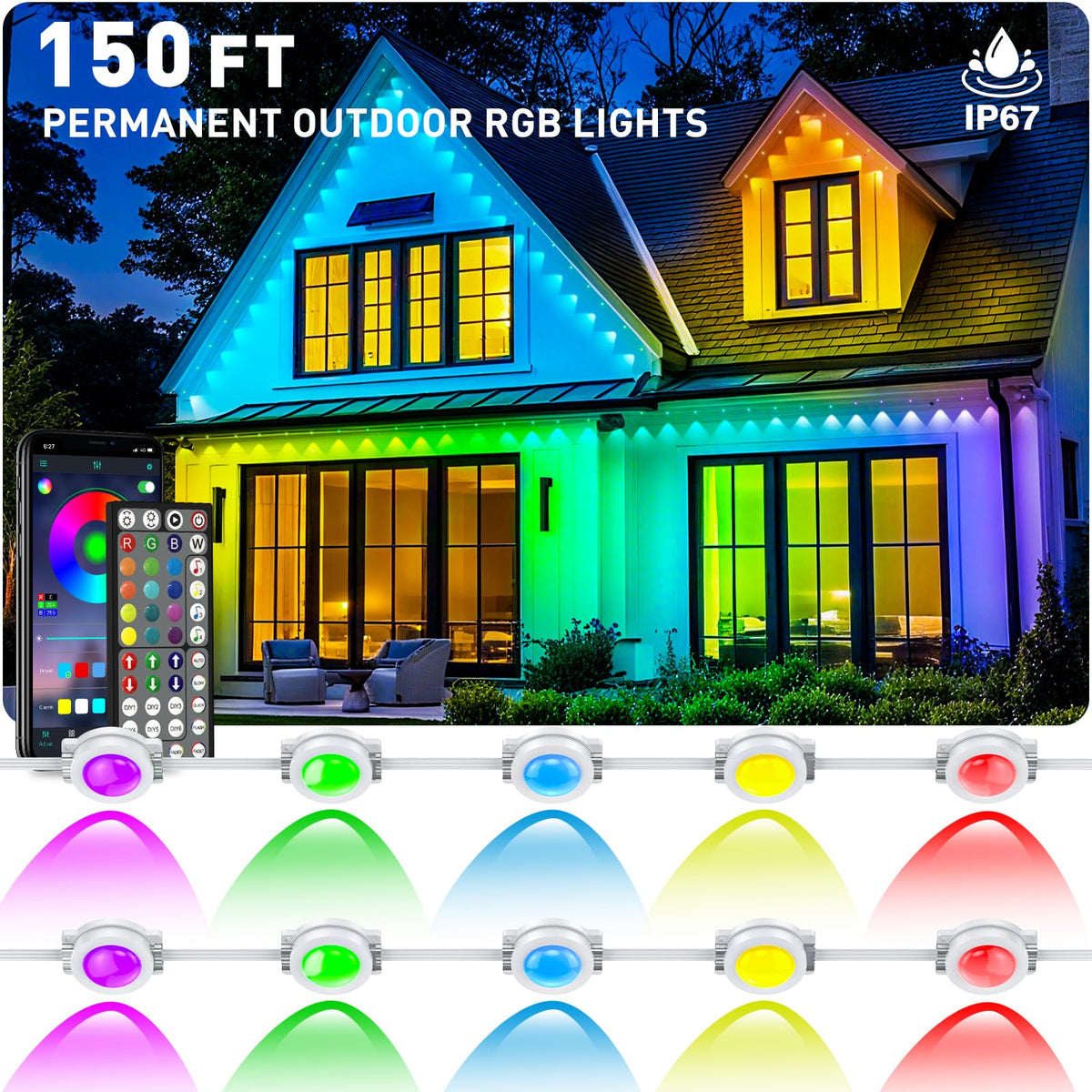 CETELUMA 150FT RGB lights on house eaves create vibrant outdoor ambience.