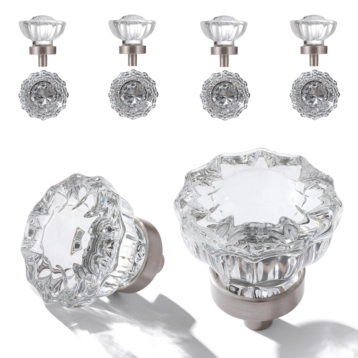 CEYMIO Crystal Cabinet Knobs 8 Pack Clear Glass Pulls | Brushed Nickel Base Vintage Style