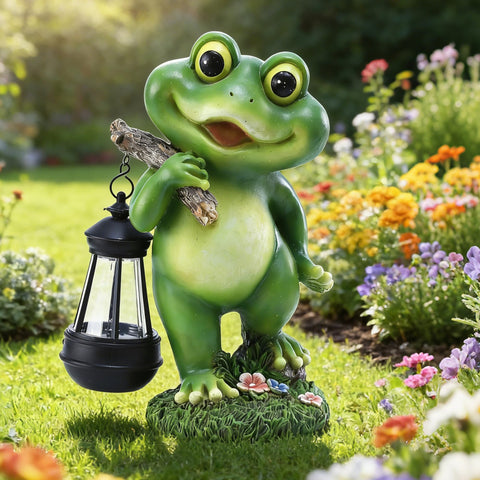CFFOWNUG frog statue with vibrant hand-painted details in a garden