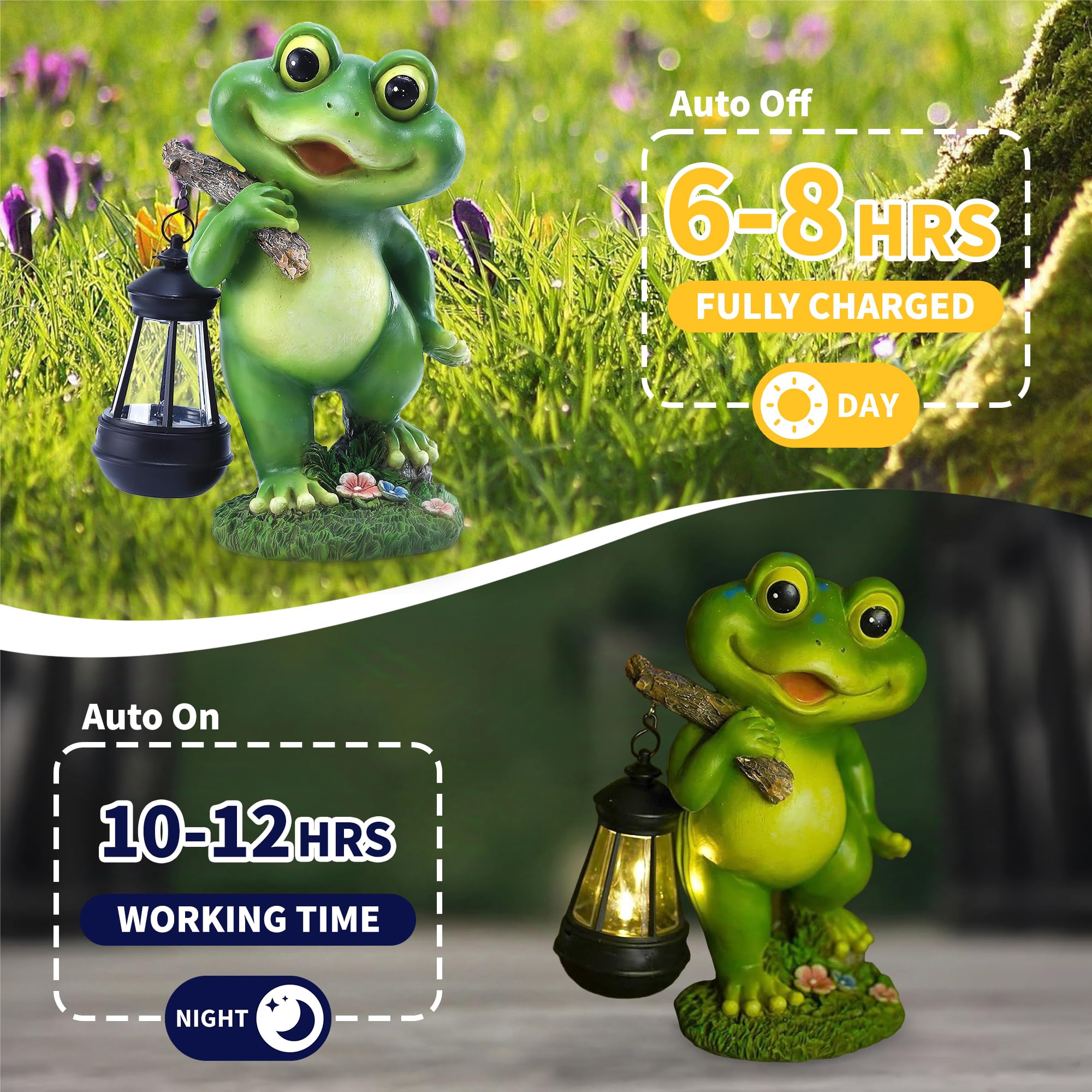 CFFOWNUG solar-powered lantern lights the frog statue after sunset
