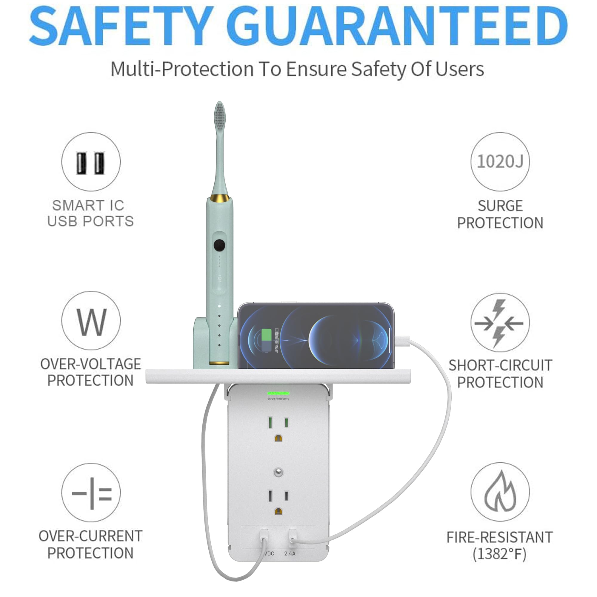CFMASTER wall outlet extender showing eight outlets and two USB ports for convenient charging.
